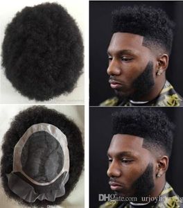 Homens Sistema de cabelo Mens Hairpieces Frente do Laço de Cabelo Afro com Mono Npu Toupee Jet Black Malaysian Virgem Virgem substituição de cabelo humano para homens negros