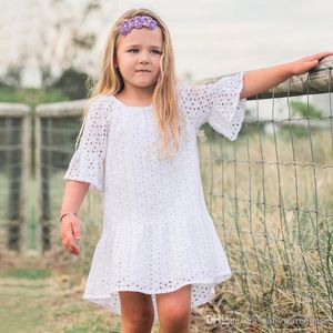 2018 Summer Girls Dresses White Hollow Out Lace Dress Girl Casual Clothes Children Clothing Toddler Girls Clothing Puff Sleeve Baby Dress