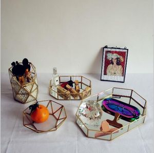 Afternoon tea decorative tray Storage Baskets Cake dessert plate Jewelry earring receptacle Nordic retro copper strip inlaid glass plates