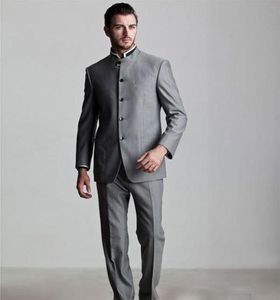 Moda Light Grey Groom Tuxedos Doskonała Mandarin Lapel Slim Fit Groomsmen Blazer Mężczyźni Formalne Garnitur Party Prom Suit (Kurtka + Spodnie + Krawat) 1280