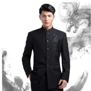 Kinesisk Stand Collar Zhongshan Passar Jacka + Byxor Mäns Broderade Dragon Totem Kläder Modig version Slim Youth Passit