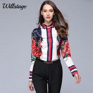 Willstage 2019 Bahar Kadın Gömlek Uzun Kollu Çiçek Yıldız Baskılı Bluz Şifon Ofis Bayanlar Tops OL İş Giyim Casual Blusas Y190427
