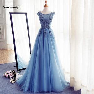 Abendkleider Abiti da sera a fiori 3D Abiti da sera lunghi blu di cristallo eleganti Abiti da cerimonia convenzionali in tulle con scollo a barchetta Robe Longue