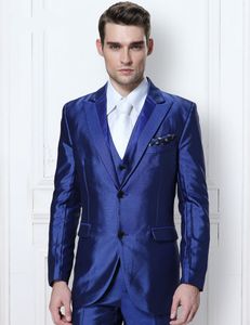 Classic Design Shinny Royal Blue Men Wedding Tuxedos Peak Lapel Two Button Groom Tuxedos Men Dinner/Darty Dress(Jacket+Pants+Tie+Vest) 2601