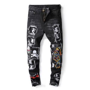 Designer Fashion Street Mens Biker Denim Jeans Spodnie Haftowane Hip Hop Hole Proste Slim Black Spodnie