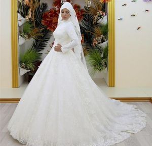 Vintage muslimische Brautkleider mit langen Ärmeln, Spitze, hoher Kragen, Spitze, Saudi-Arabien, Brautkleider, Rüschen, Hochzeitskleid, Vestidos De Novia 2019