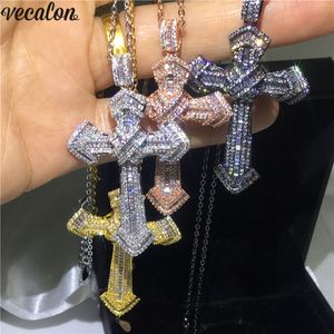 Vecalon 4 colori HIPHOP Ciondolo grande croce in argento sterling 925 5A Cz Pendenti per matrimoni con collana per gioielli da donna