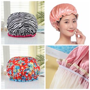 Wholesale shower designs for sale - Group buy Adult double layer waterproof shower cap kitchen make up oil smoke proof head cover designs satin bathing caps