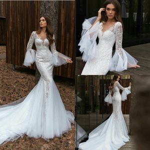 Illusion Mermaid Wedding Dresses V Neck Long Sleeve Lace Appliques Bridal Gowns Sweep Beach robes de soirée Wedding Dress
