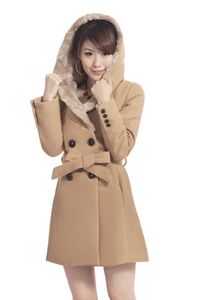 Sweet Solid Long Winter Fashion Wool Coats Dubbelbröst Ullblandning Koka och jacka Hooded Wide-Waisted Coat Femenino