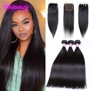 Brazilian Virgin Human Hair 3 Bundles With 4X4 Lace Closure Peruvian Malaysian Indian Straight Hair Extensions Wefts With Closures