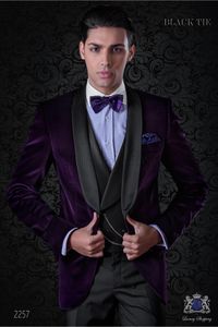 Yakışıklı Velveteen Groomsmen Şal Yaka Damat Smokin Erkekler Takım Elbise Düğün / Balo / Akşam Yemeği En Iyi Adam Blazer (Ceket + Pantolon + Kravat + Yelek) 109