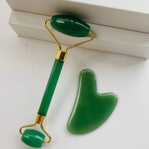 Großhandel 100% natürliche grüne Jade Roller Set Gua Sha Board Massagesstein für Gesicht Hals Auge