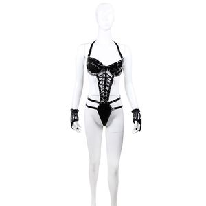 Günaha Kadınlar Backless Kemer Kostüm Esaret Parlak Patent Deri Bodysuit Seksi Halter Teddies Lace Up Iç Çamaşırı Eldiven Ile