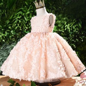 pink Lace Little Girls Pageant Dresses 3D Floral Appliques Toddler Ball Gown Flower Girl Dress Floor Length Tulle First Communion Gowns 2020