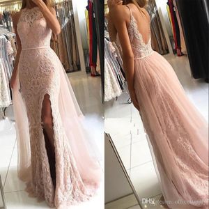 Pink Elegant Blush Front Split Prom Dresses With Removable Skirt Half Sleeves Lace Appliques Tulle Long Evening Gowns Robe De Mariee Modest