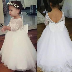 Nowy Z Długim Rękaw Kwiat Dziewczyna Sukienka Backless Bow Koronki Tulle Długość Piętro Suknia Dziewczyny Urodziny Dresses Custom Size