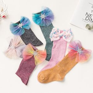 Детские носки Девочки Свернутые Золотые колено Высокий носок Baby Bowknot Candy Color Princess Socks Чулки Винки Носок Chidren Brithday Stage Costume PY314