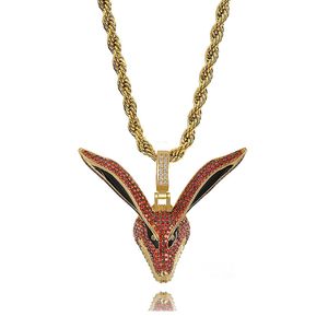 Fashion-Gold Plated Red Diamond Animal Nio Long Ear Fox Pendant Halsband Full Cubic Zirconia Hip Hop Rapper Smycken Gåva för män Kvinnor