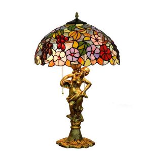 Tiffany European Table Lamps Stained Glass Desk Lamp Baroque Style Alloy Loving Heart Goddess Sculpture Base Flowers Lampshade Led Lux