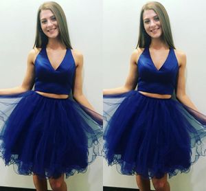 2 sztuki Royal Blue Prom Dresses Graduation Girls V-Neck Tulle Suknia Balowa Rurociągi Tanie Sukienka Homecoming Suknie Krótkie Suknie Dress dla Słodkie 15