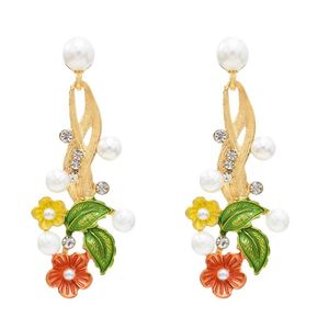 4 Color Flower-shaped Drop Dangle Earrings with Imitaton Pearl Rhinestone Stud Earrings for Girls Women Gifts