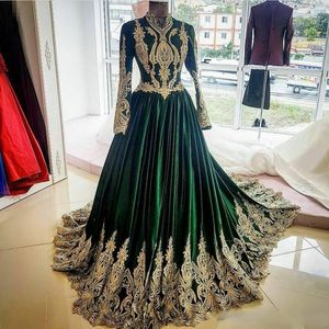 Real Green Muslim Evening Dresses High Neck Long Sleeve Prom Dresses Princess Appliques Formal Party Gowns Sweep Train kaftan moroccan Dress