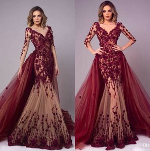 2019 Arabiska Bourgogne Aftonklänningar med Overskirts V Neck Långärmad Mermaid Prom Dress Lace Appliqued Floor Length Party Gowns Custom