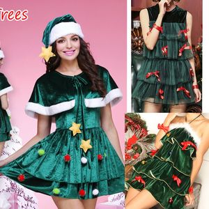 Darmowy rozmiar Dorosłych Kobiet Christmas Tree Costume Cape Kapelusz Zestaw Warstwowe Linia Mini Sukienka z białymi rozmytymi wykończeniem i gwiazdkami piłek cosplay strój