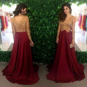 vestidos de festa Burgundy Evening Dresses Gold Appliques Full Sleeves Illusion Dubai Saudi Arabic Evening Gown Prom Dress