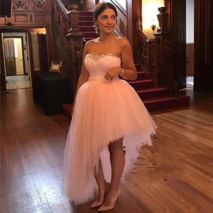 Blush Pink High Low Prom Dresses Sweetheart tulle Perline Paillettes Abito da cocktail party con lacci Tulle Abiti da ritorno a casa economici su misura