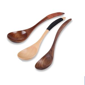 Wooden Spoon Drink Soup Porridge Chinese Lacquer Tableware Wood Brown Bending Handle With Wire Kinking Natural Style Cutlery Black walnut