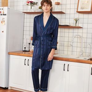 Ssh0322 män pyjama set 2019 nya vår sommar män robes långa byxor 2st set pyjamas manliga satin silke sleepwear sexiga pyjamas