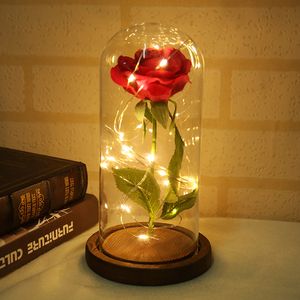 Konstgjord Rose Flower Glass Cover Vacker Lysande Led Glas Hotell Festival Ornament Födelsedag Present Röd Rose Blommig Inredning