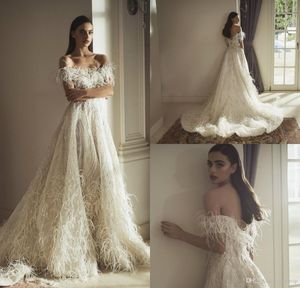 Elie Saab A Line Abiti da sposa con spalle scoperte Pizzo 3D Appliques floreali Perle Abito da sposa country Custom Made Belt Abiti da sposag 4281