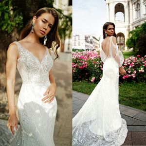 Abiti da sposa a sirena modesta scollo a V senza maniche Tulle Applique in pizzo Abito da sposa staccabile in cristallo Sweep Train Custom robe de mari￩e