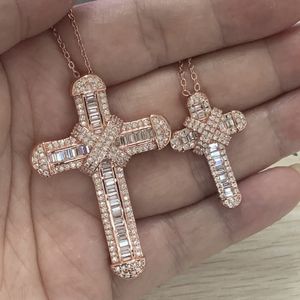 Choucong Única jóias de luxo 925 Sterling SilverRose Ouro Preencha Princesa Completa Corte Branco Topázio CZ Diamante Cross Pingente Clavícula Colar