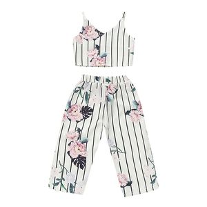 Set di abbigliamento a righe con stampa floreale per neonate T-shirt senza maniche con gilet estivo + pantaloni floreali 2 pezzi / set Completi per bambini di moda M1501