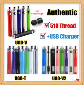 MOQ 2PCS Authentic UGO V 510 Vape Batteri EVOD EGO T 650 900 1100 mAh VAkizer Pen med Micro USB Laddare Passa Patroner