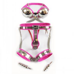 Aço inoxidável bondage engrenagem dispositivos de castidade sutiã + t-modelo totalmente ajustável com fechadura par feminino coxa 5pc conjunto