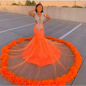 New Arrival Orange Mermaid Prom Dresses Lace Beads Crystal Feather Formal Evening Dress 2020 Deep V Neck African Robes De Soiree227P