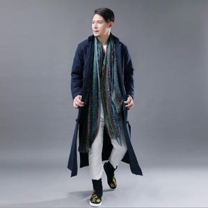 Chinesisches Retro-Kleidungsstück im Nationalstil für Männer aus Baumwolle, gepolsterte Robe, einfarbig, Freizeit-Stehkragen, Mantel aus Baumwolle, gepolsterte lange Jacke