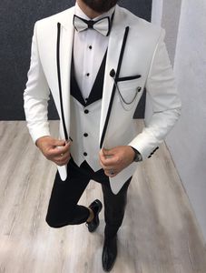 Slim Fit White Groom Tuxedos Peak Lapel Groomsman Wedding 3 Piece Suit Moda Mężczyźni Business Prom Jacket Blazer (Kurtka + spodnie + krawat + kamizelka) 2863