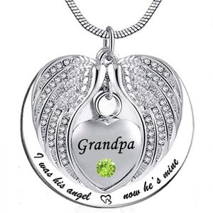 Angel Wing Memorial Keepsake Ashes Urn Pendant Birthstone crystal Necklace, i used to be his angle, now he's mine -for Grandpa