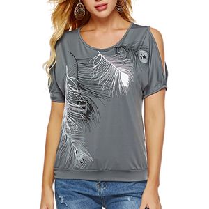 Wholesale女性カジュアル夏Tシャツ2019ショートバットウィングスリーブ緩いトップスコールドショルダーフェザープリントティーシャツプラスサイズTシャツS-5XL