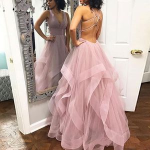 Seksowna Różowa Długa Długość Podłogowa Długość Tulle Głęboki V Neck Prom Dresses Backless Evening Suknie Krzyż Zastosowany Backless Party Party Dress