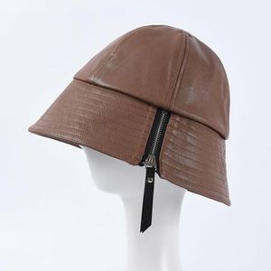 New Autumn Winter Wide Brim Women Zipper Hats Lady PU Leather Waterproof Bucket Hat Foldable Fishmen Cap Adjustable