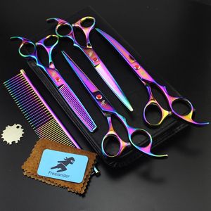 with leather case High-grade freelander 7.0 inch 62HRC hardness 6CR stainless steel 4 rainbow/golden hair scissors kit + comb