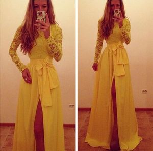 Wholesale trendy formal gowns resale online - Trendy Yellow Long sleeves Evening Dresses New Formal Gowns A Line Jewel Yellow Lace and Chiffon Sexy side slit Party Prom Dresses