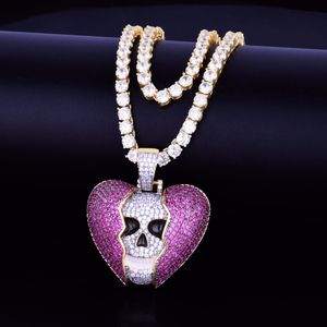 Red Heart Skull Pendant With Tennis Chain Gold Silver Color Cubic Zircon Men's Hip hop Necklace Jewelry For Fashion